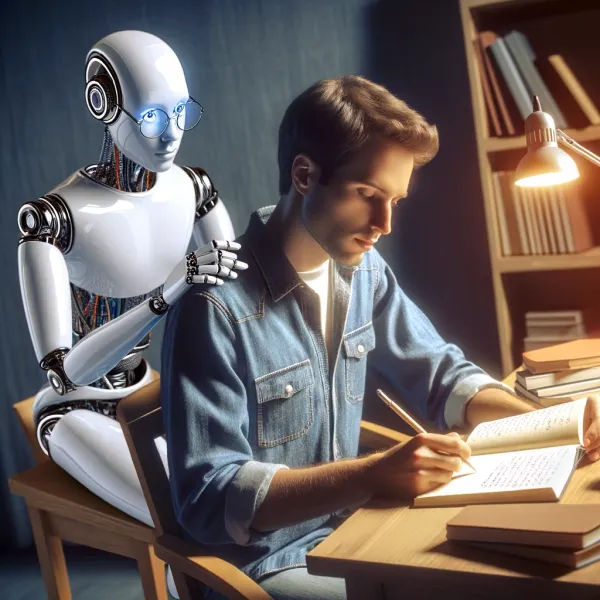 An extremely creepy robot looks over the shoulder of a man who is writing.